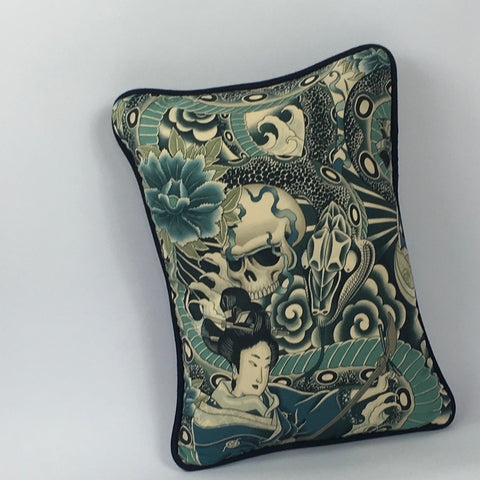 Japanese Tattoo Blues Cushion with Piping