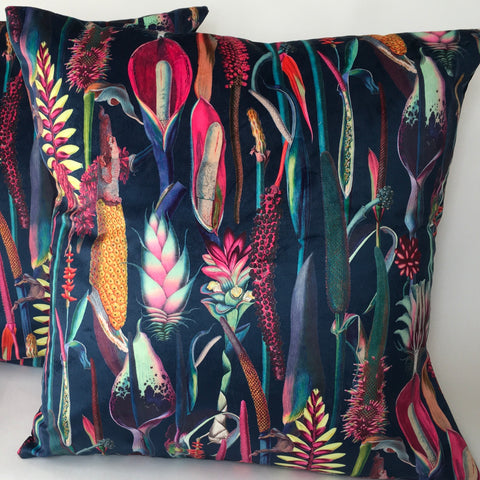 VELVET BOTANICAL ON NAVY BLUE CUSHION COVER