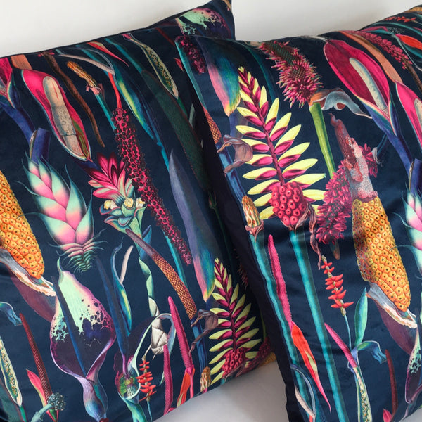 VELVET BOTANICAL ON NAVY BLUE CUSHION COVER