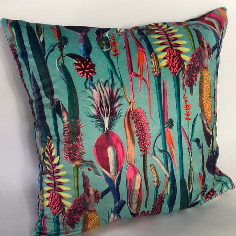 VELVET BOTANICAL ON TURQUOISE CUSHION COVER