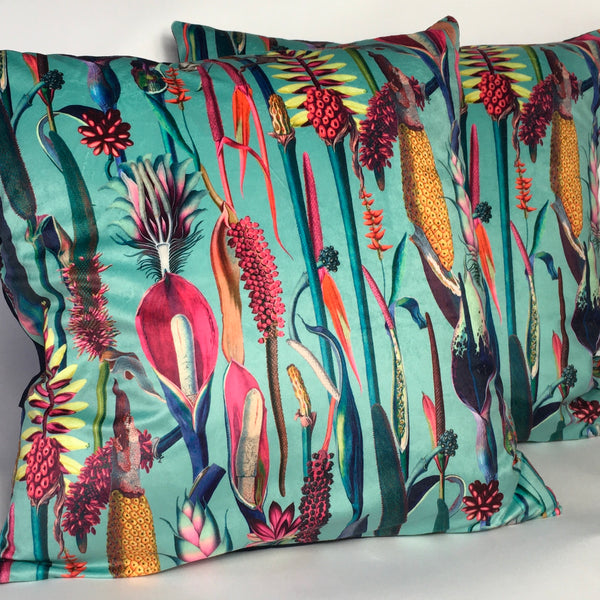 VELVET BOTANICAL ON TURQUOISE CUSHION COVER