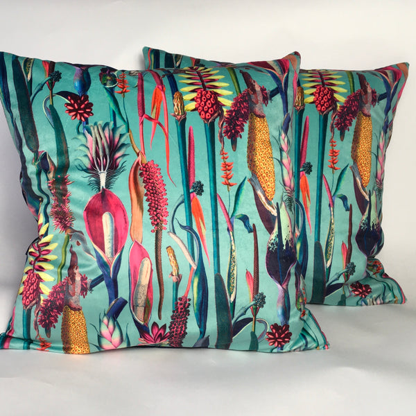 VELVET BOTANICAL ON TURQUOISE CUSHION COVER