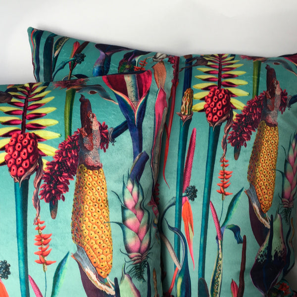 VELVET BOTANICAL ON TURQUOISE CUSHION COVER