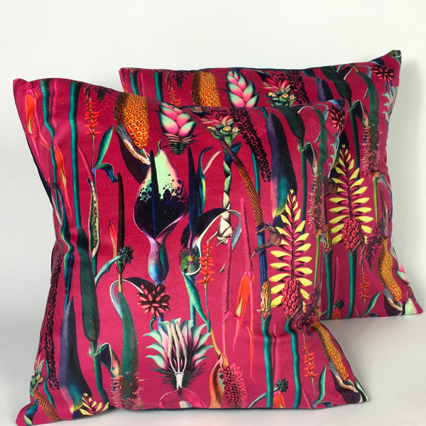VELVET BOTANICAL ON PINK CUSHION COVER