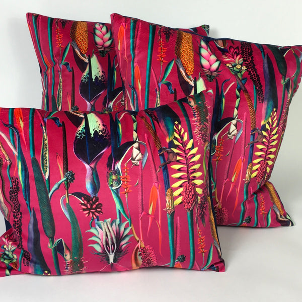 VELVET BOTANICAL ON PINK CUSHION COVER