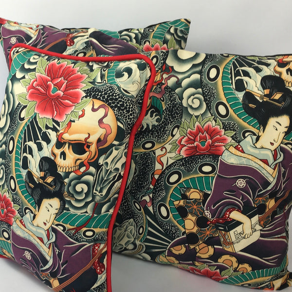 Japanese Tattoo Multicoloured Cushion with Piping