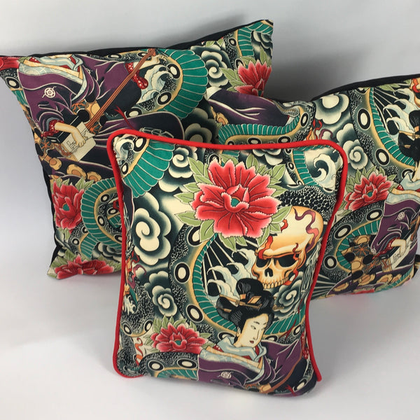 Japanese Tattoo Multicoloured Cushion with Piping