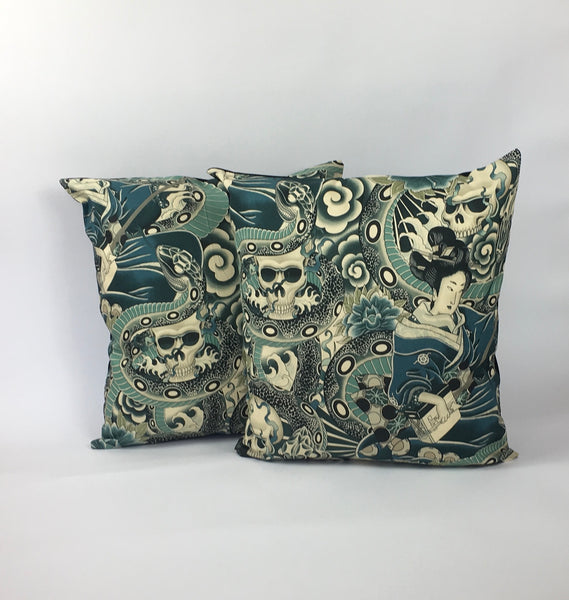 Japanese Tattoo Blue Cushion Cover